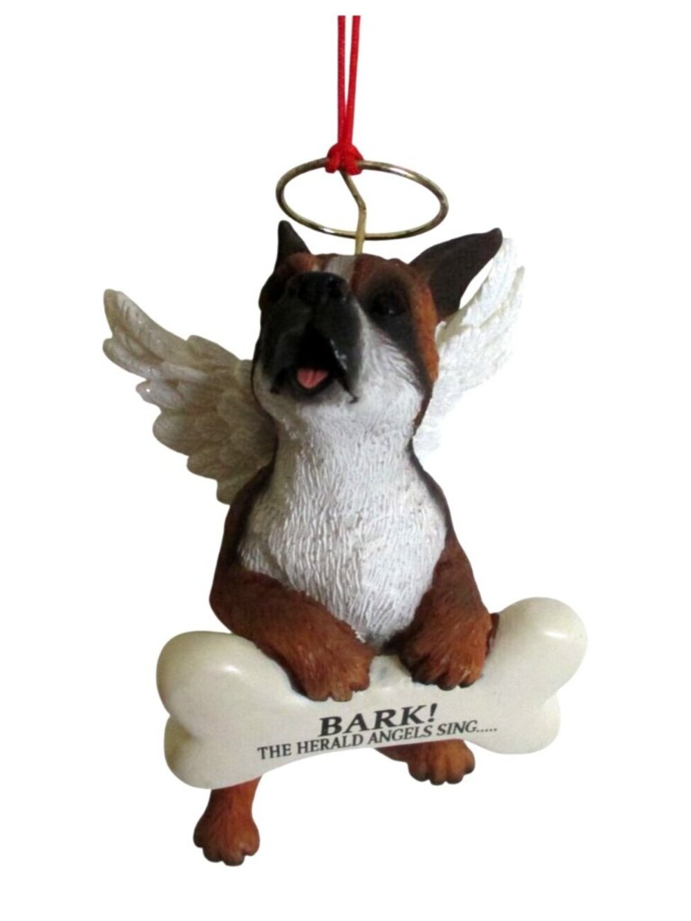 Boxer Dog Angel Holding Bone "Bark! The Herald Angels Sing" Ornament